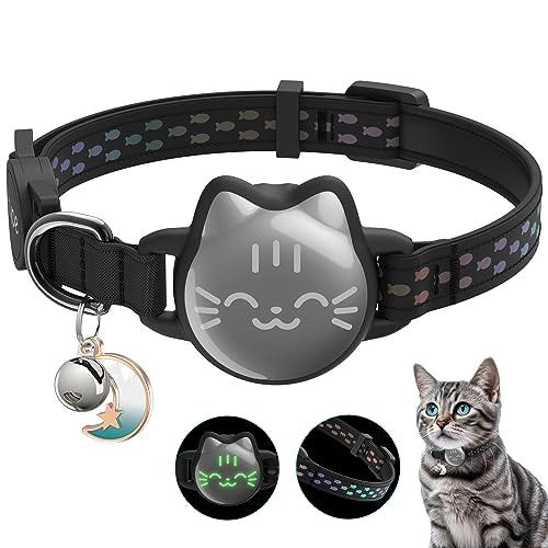 Waterproof Airtag Cat Collar, Breakaway Cat Airtag Collar with Luminous & Reflective Fish Pattern, Lightweight Kitten Collar for Apple Air tag, Hidden GPS Tracker Holder for Cats, Kittens(9-13