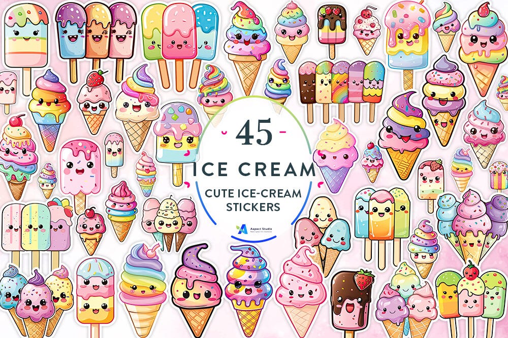 Cute Ice Cream Stickers Bundle (Printable Illustrations) | by Leejunhe ...