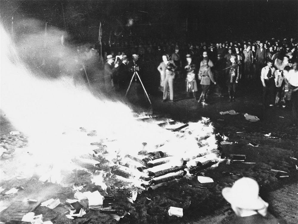 Public burning of “un-German” books in the Opernplatz (Opera Square). Berlin, Germany, May 10, 1933. — source: Holocaust Encyclopaedia, all rights reserved.