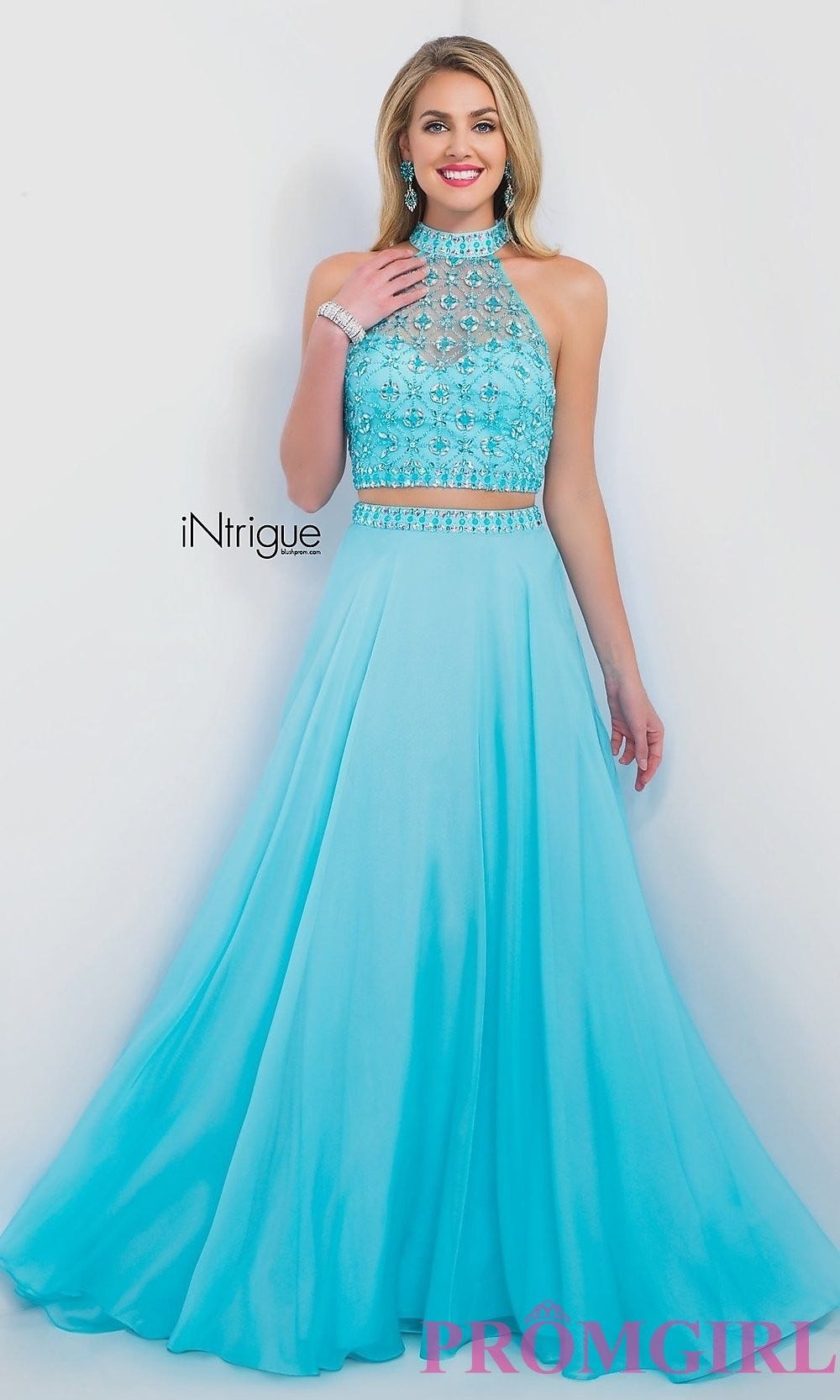 Two Piece A Line Crew Turquoise Organza Prom Dress with Split Keyhole LBQ3791 main image 1