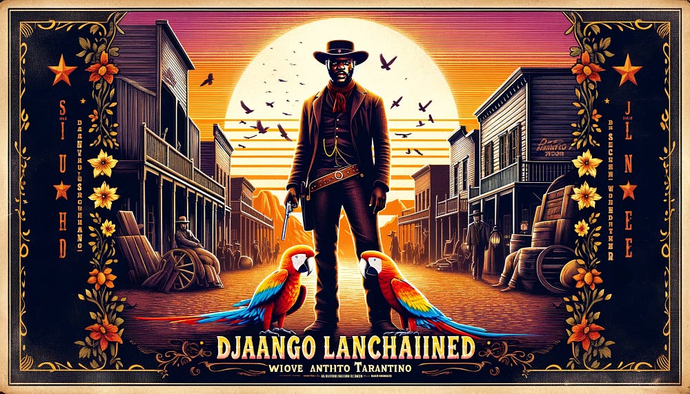 Create a wide-format, vintage-style movie poster that precisely features the title ‘Django: LangChained’ in large, bold, distressed typography at the top. The poster should replicate the visual style of the last two images, with an African American cowboy and a parrot in a dramatic standoff in an Old West town at sunset. It’s crucial that the text ‘Django: LangChained’ is spelled correctly and prominently displayed, capturing the essence of vintage western movie posters.