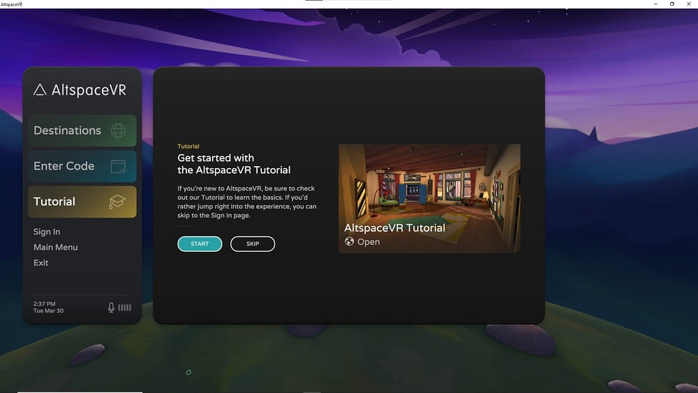 A screenshot of the home interface of the VR application AltspaceVR