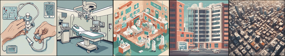 A sequence of scenes starting with hands holding a medical device, next to a room in a hospital, followed by a larger view of a hospital unit with doctors walking around, the outside of a hospital with city street in front, and an aerial view of a city.