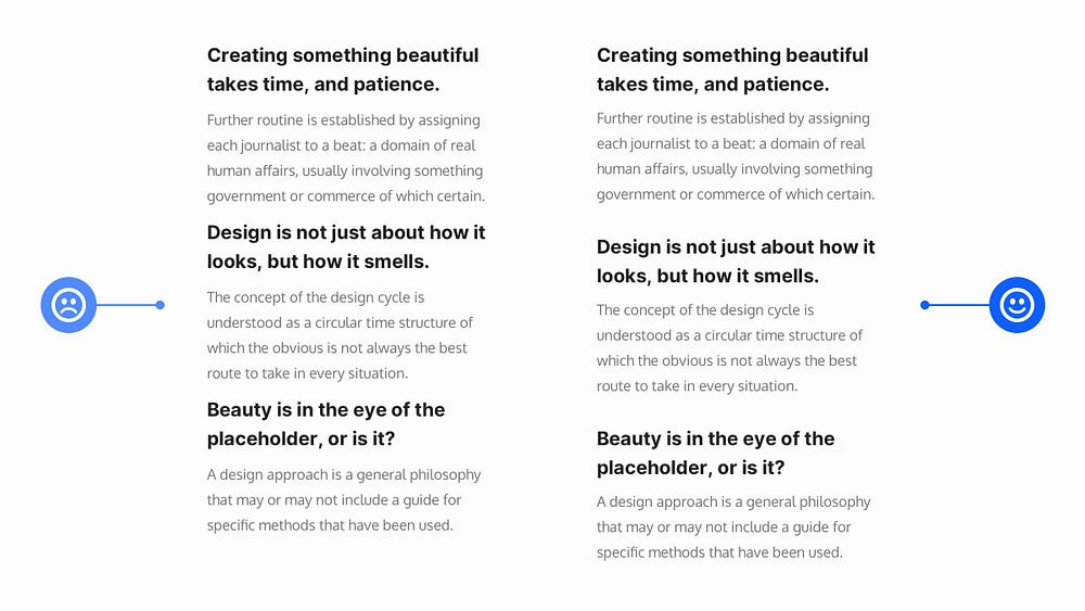 Two typography examples side by side. One with not enough margin between title and content, and the other with extra margins