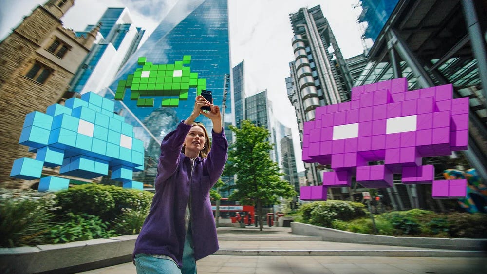 futuristic augmented reality demonstration showing Labubu character interacting with real environment on smartphone screen
