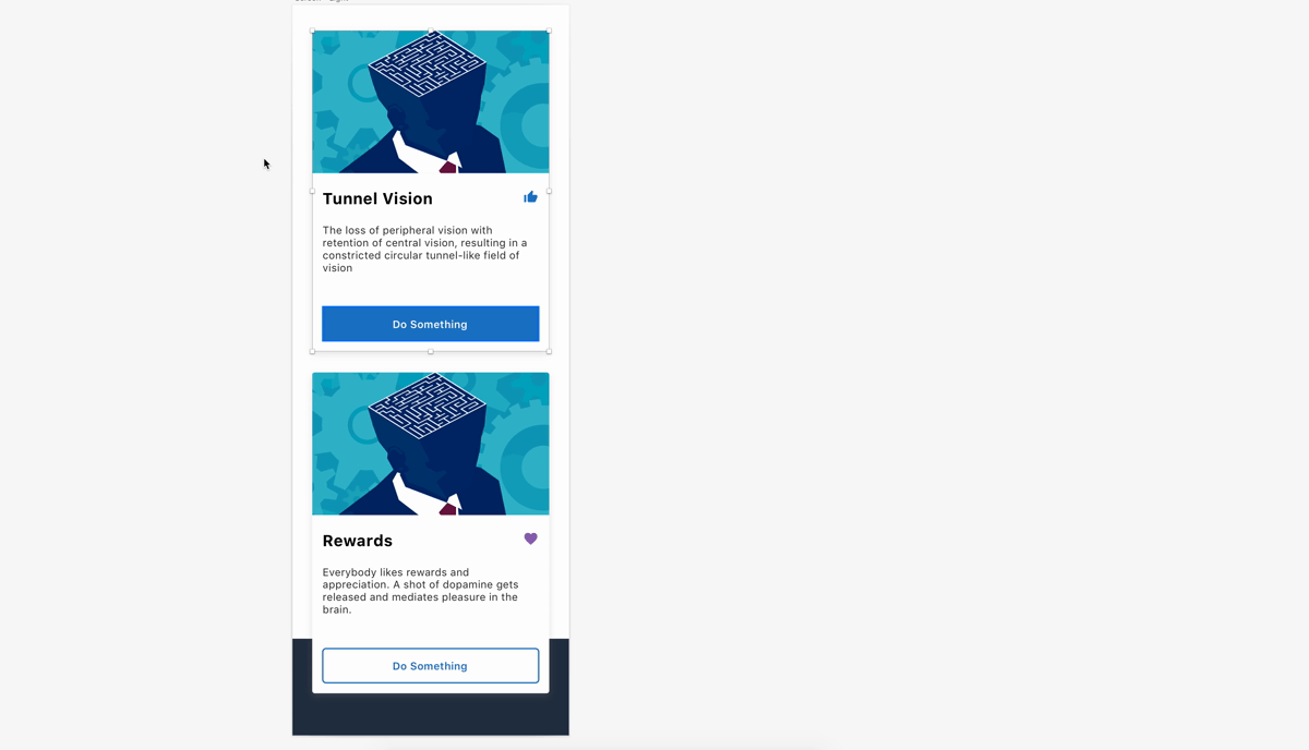 Animated image of two cards designed in Sketch and then switched to dark mode with the plug-in