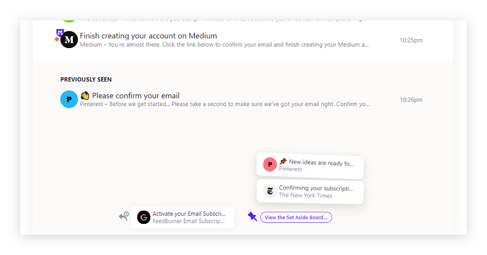 Screenshot of Hey with the set aside section visible with two emails inside.