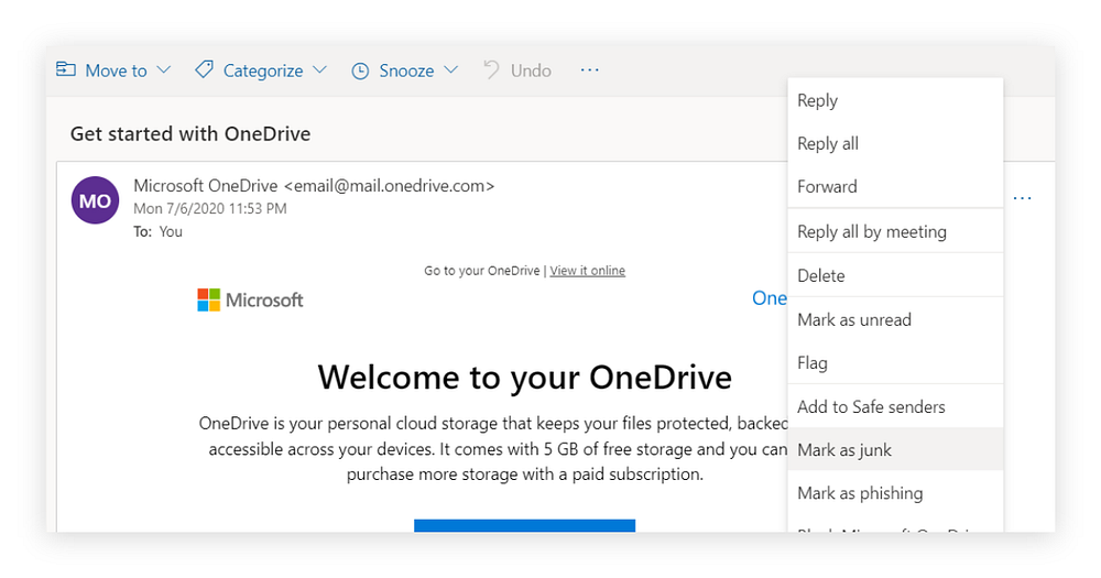Mark as junk option in Outlook.