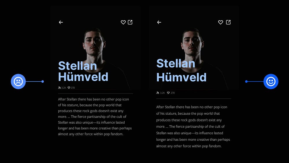 2 Card design examples. One with the elements packed too closely together, and the other with more whitespace added to create a better spaced design.