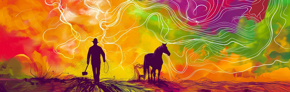 A horse and a man working in a field with hoe. A symbol of outdated mindset.