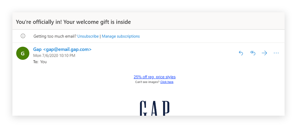 Unsubscribe link offered on top of a message in Outlook.