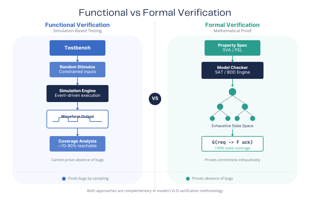 Functional Verification vs Formal Verification in VLSI: Techniques and Trade-offs