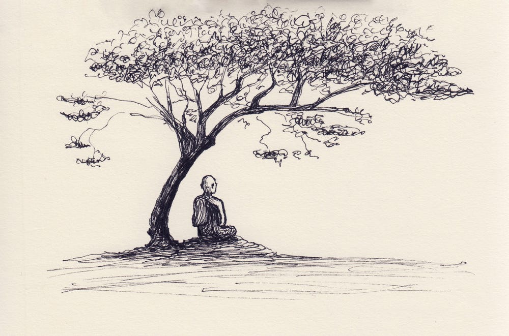 Visualize the impact of self-reflection and mindfulness on mental health. a  person sitting in meditation, with an abstract tree extending from their  head. Each leaf represent a mindful thought Stock Photo