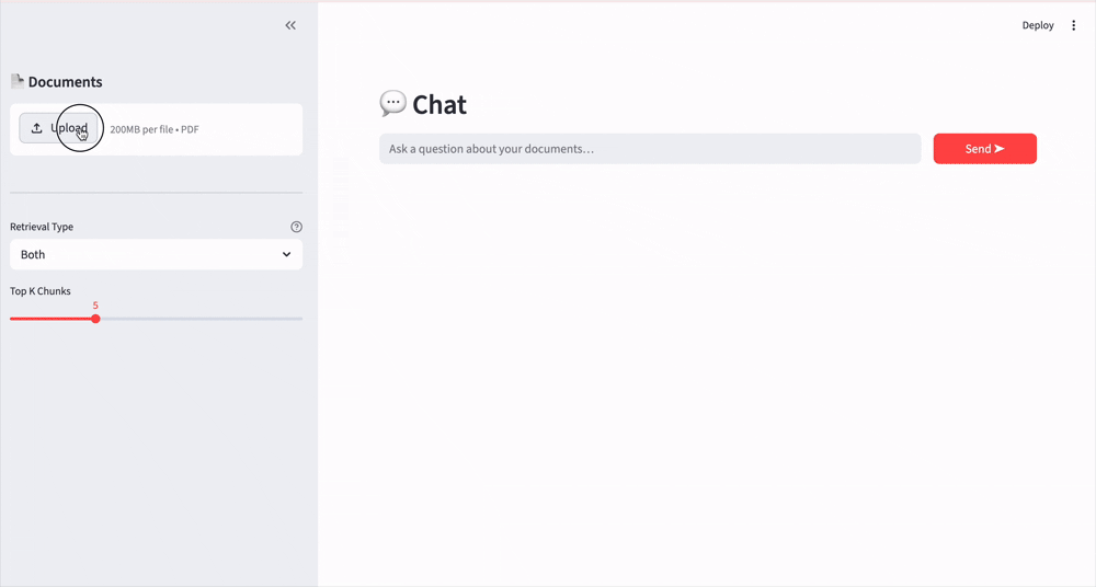GIF: Full two-column app layout. Left: PDF uploaded with ‘Indexed ✅’, Retrieval Type = ‘Both’, Top K at 5, test case buttons. Right: completed query with Answer tab active. Chat input pinned at bottom.