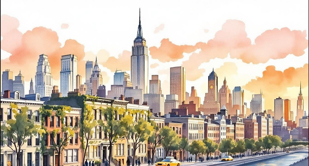 Watercolor illustration of a city neighborhood with brownstones and a skyline