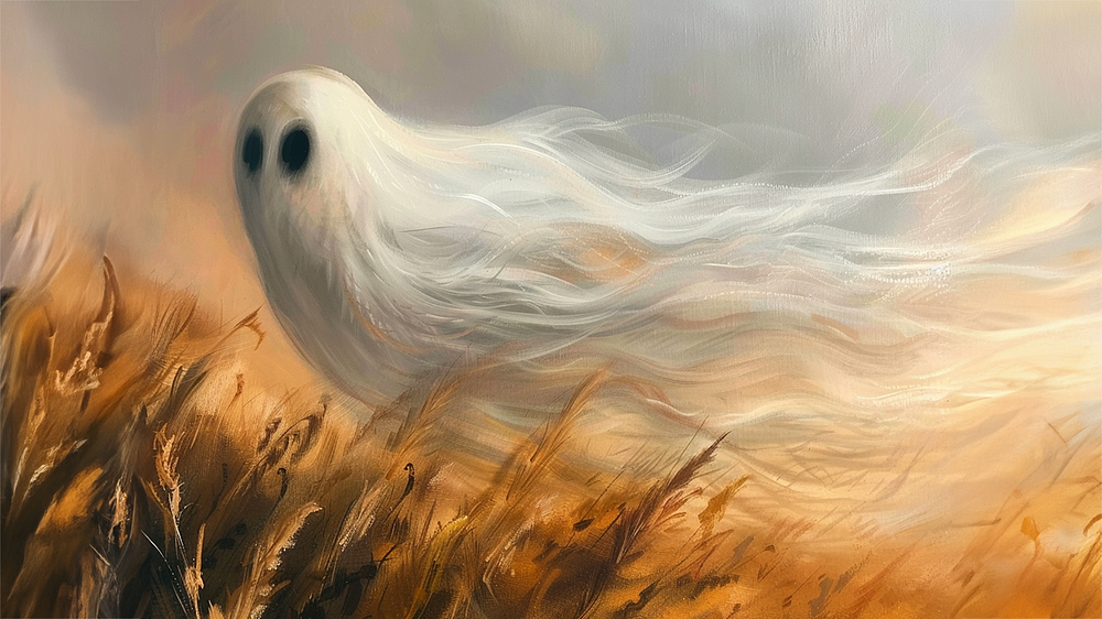A whimsical painting of a ghostly figure floating over a golden field with ethereal flowing forms.