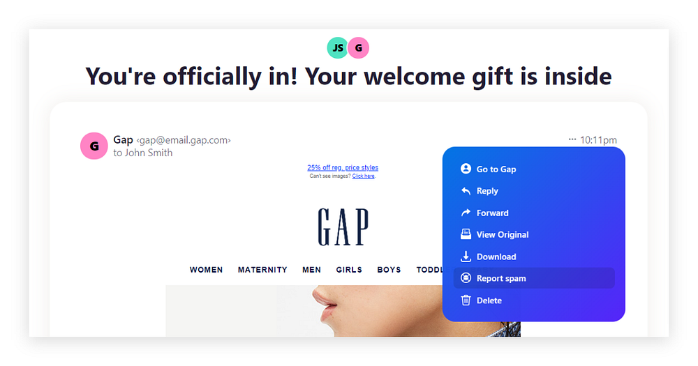 Three-dot menu options in Hey, including spam reporting.