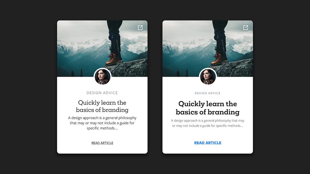 2 Card design examples. One with mismatching text styles, and the other with text styles that have the correct weight, colour and size together.