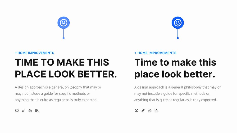 Two typography examples side by side. One with the large title in All Caps and other without