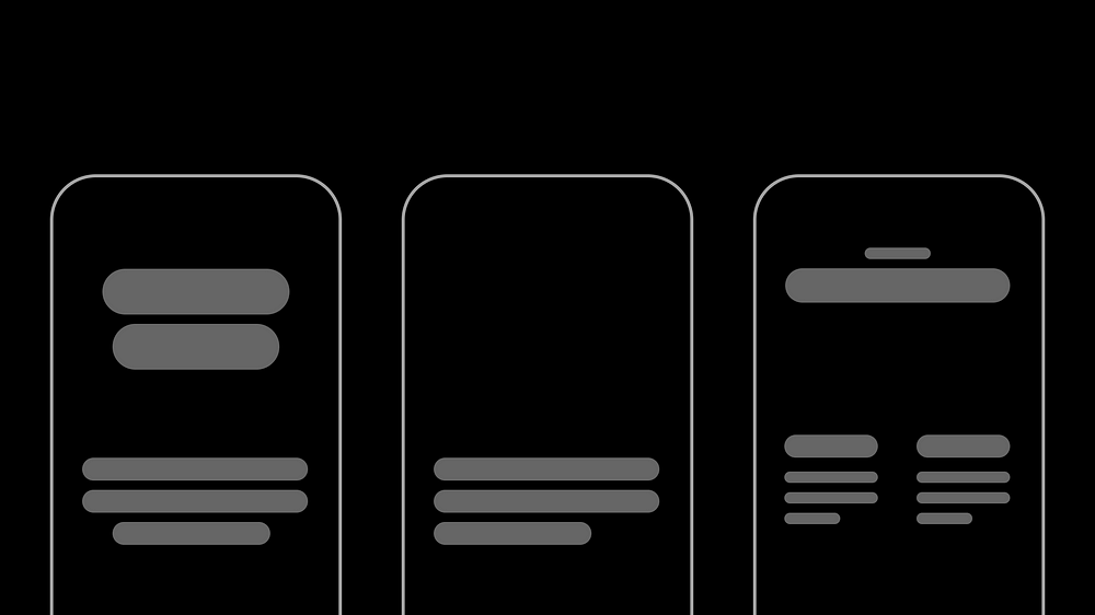 Three phone screens showing text as gray boxes. We get a sense of the layout, but there are no words.