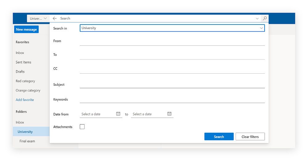 Advanced search options in Outlook.