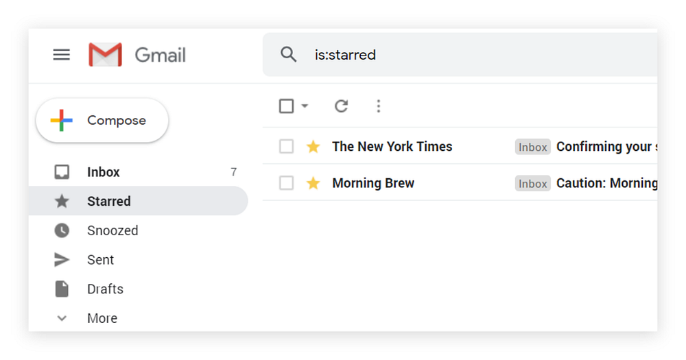 Selected starred folder in Gmail with two messages visible.