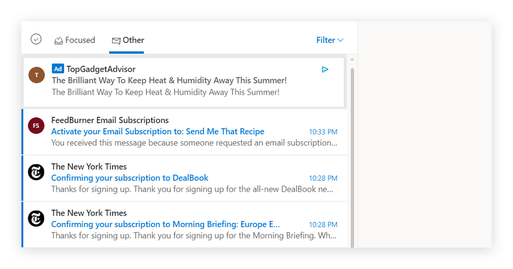 Screenshot of outlook with Focused and Other tabs visible.