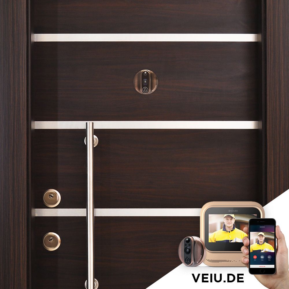 Haustür dunkle Holzoptik und Videotürklingel VEIU eine elegante Kombination