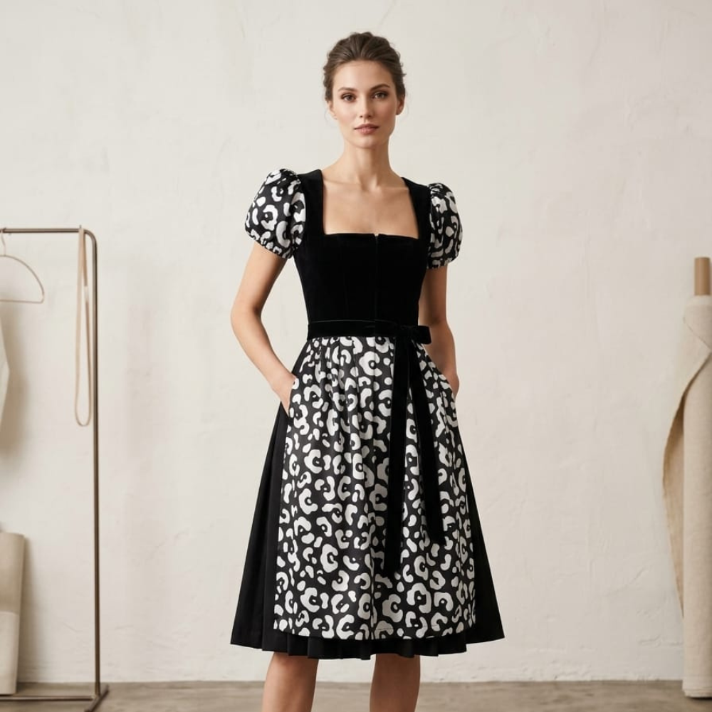 Black Velvet Dirndl Dress with Printed Apron | Handmade Traditional Bavarian Oktoberfest Outfit