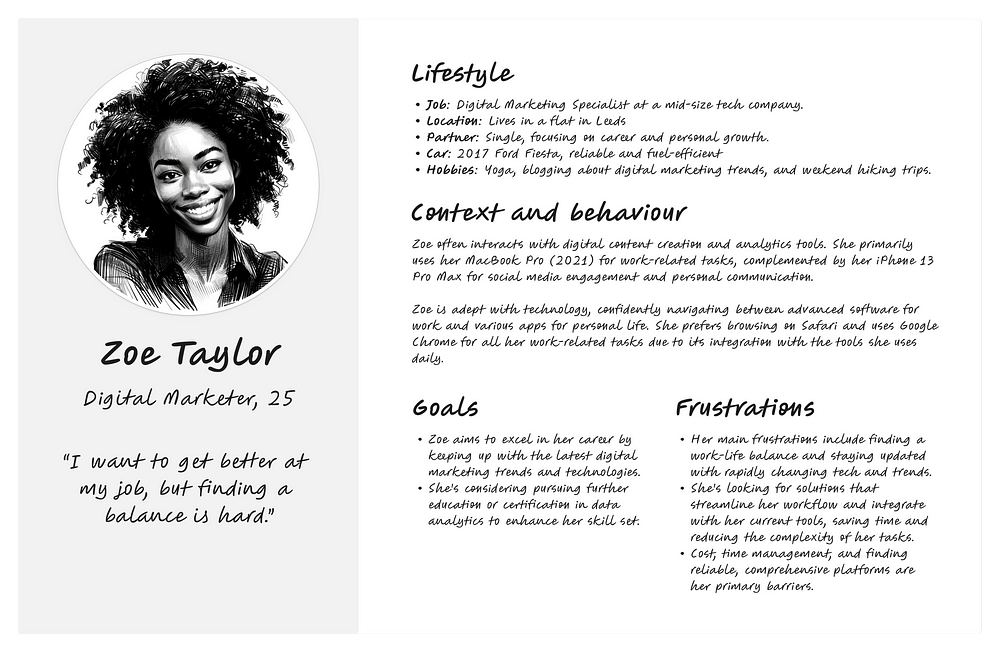 Example user persona in a hand-drawn black and white style