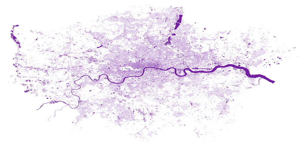 Buildings in London (data source OpenStreetMap), displaying using GeoPandas and Matplotlib