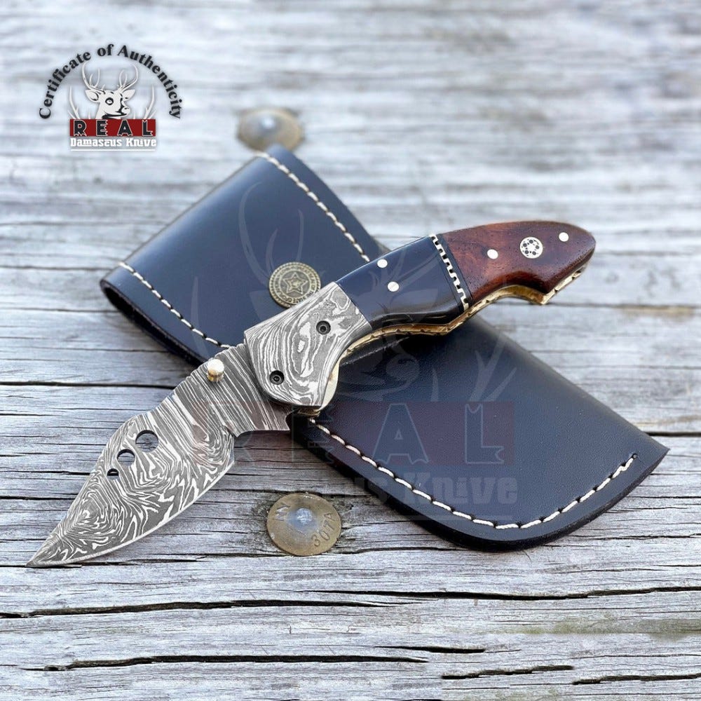 Custom Damascus Trapper Folding Pocket Knife with Buffalo Horn Handle main image 0