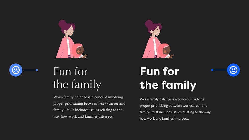 2 design examples, both with the title ‘Fun for the family’. One with a heading in an unconventional typeface, and the other with a more suitable typeface for the content.