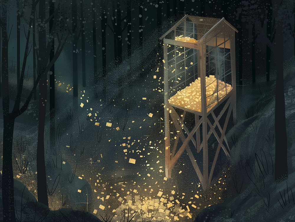 A nocturnal scene with a glass house filled with light particles of gold in a dark forest, casting a warm glow on the surrounding area. Illustration.