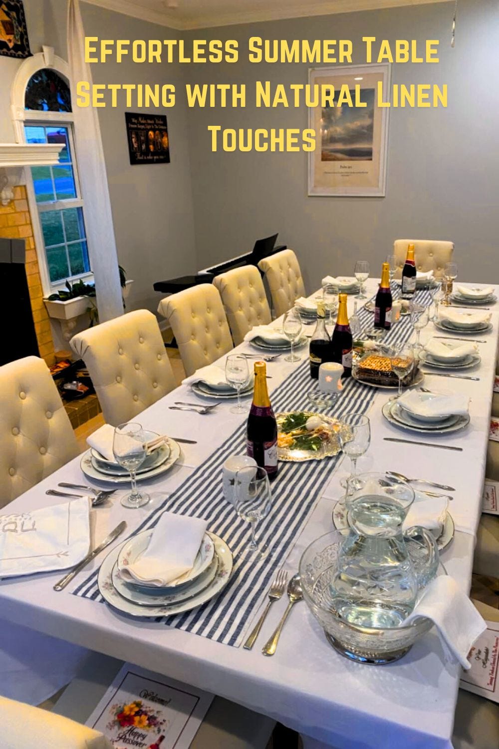 Classic Summer Table Setting with Navy & White Linen Runner