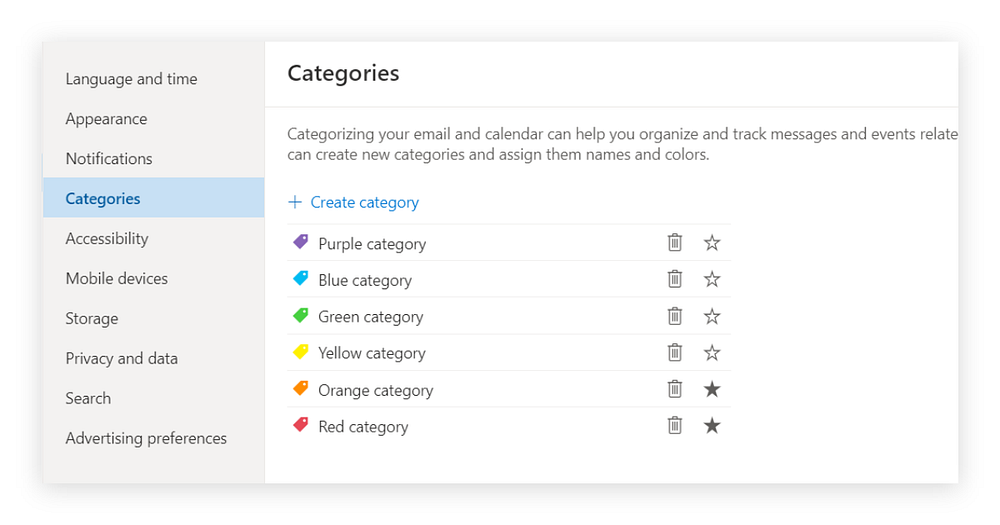 Default email and calendar categories in Outlook.