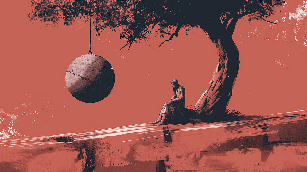 Sisyphus sitting under a tree on a cliff with a large spherical stone hanging from a branch, all against a monochrome red backdrop. Illustration.