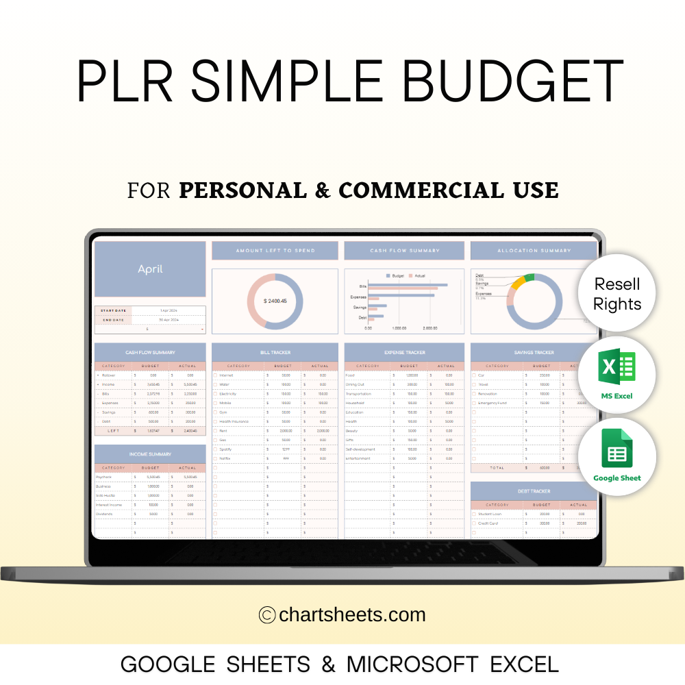 PLR Budget Planner Excel & Google Sheets, Monthly Budget Spreadsheet