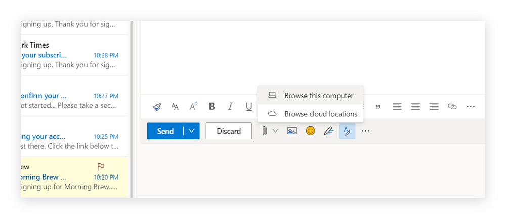 Available options from the file attachment icon in Outlook.