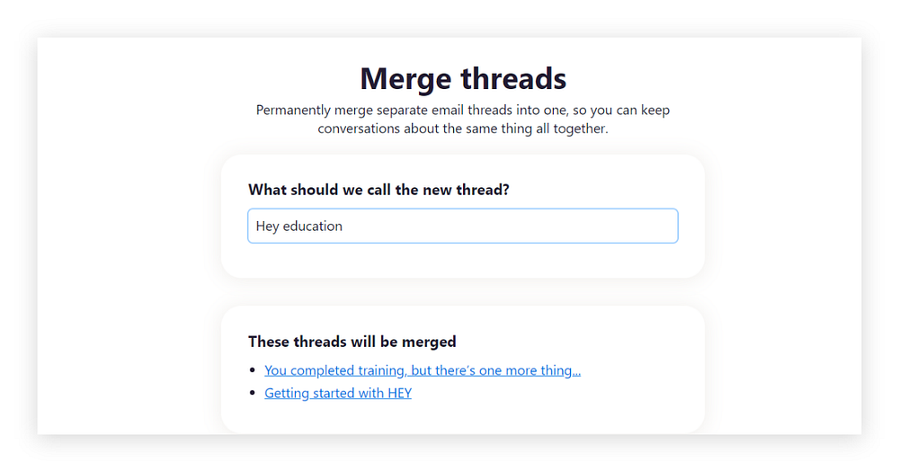 Email thread merging feature in Hey.