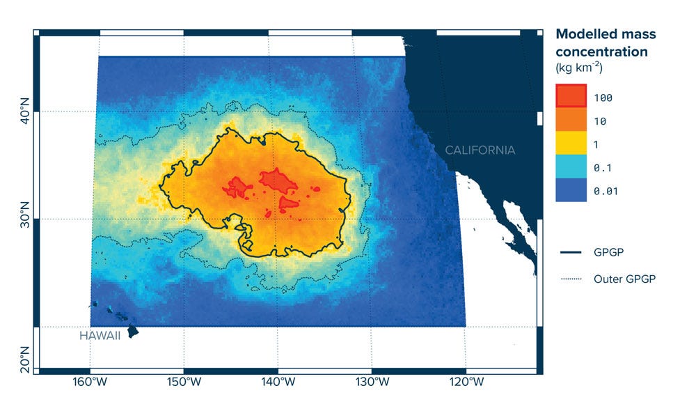 Computational modelling of the high concentration zones in the Great Pacific Garbage Patch (sourced from Ref 5)