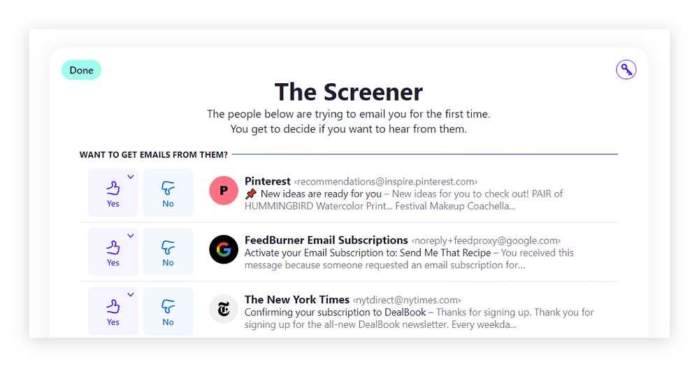 Screenshot of Hey and the screener.