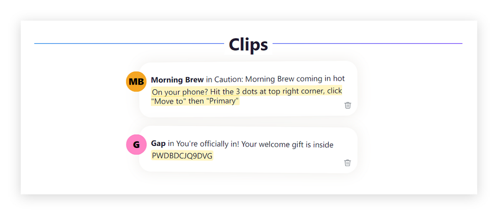 Clips feature in Hey, showcasing two notes from two different emails.