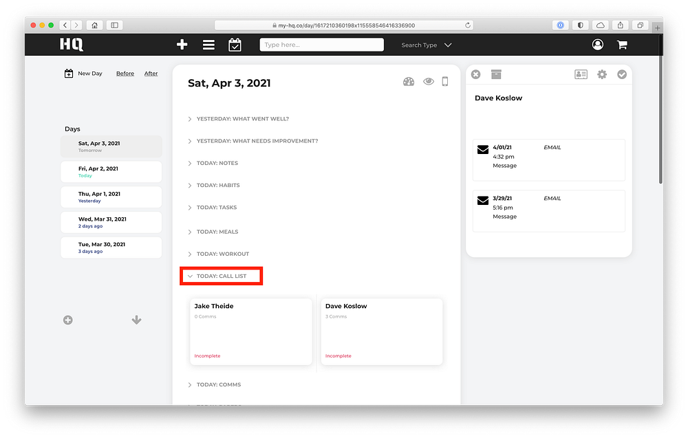 Contact on the Day page call list