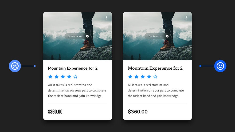 2 Card design examples. One with too many, clashing typefaces, and the other with just 2 typefaces that go well together.