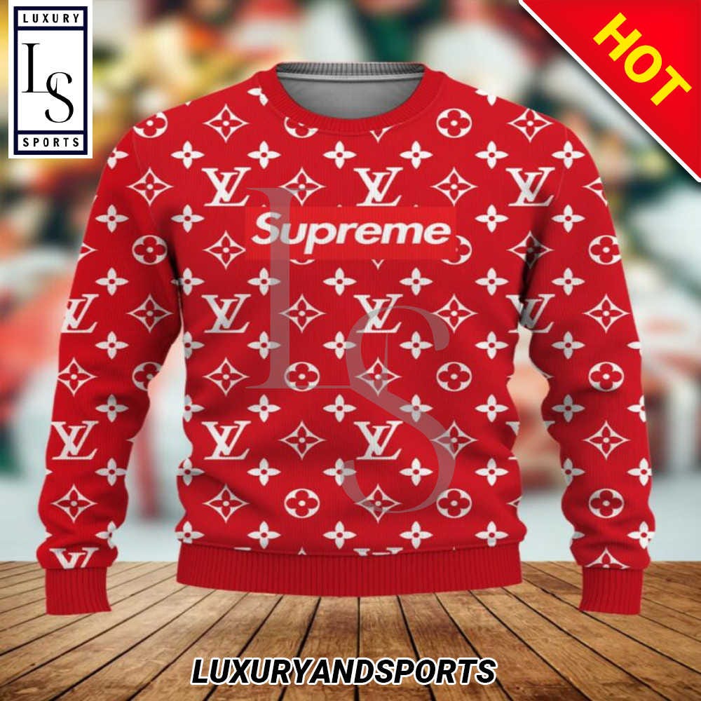 Premium Louis Vuitton x Supreme Red Luxury Brand Ugly Sweater ...