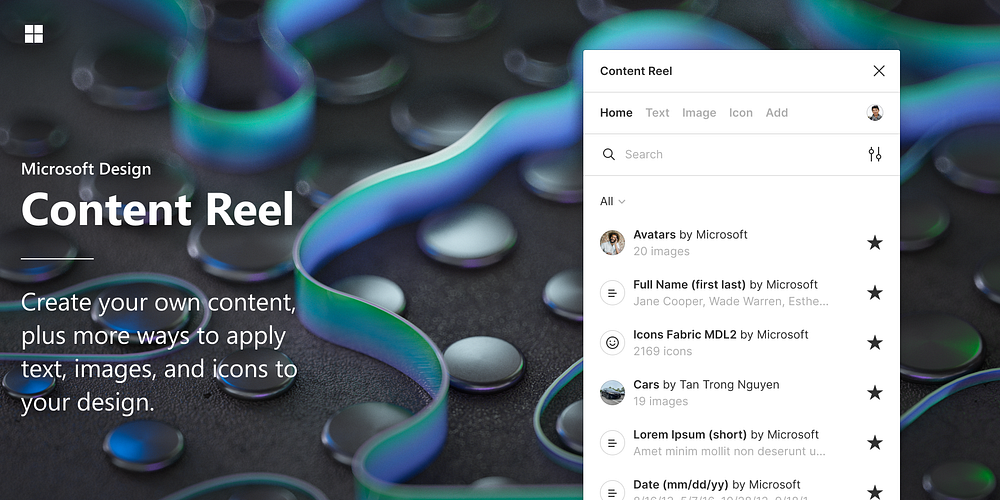 A selection of screenshots, and the UI of the Content Reel plugin in Figma, with the words ‘Content Reel’ in white