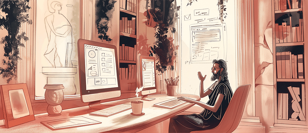 A man at a home office, gesturing during a video call, with multiple monitors, books, plants, and classical decor. Modern illustration with Greek era influence.