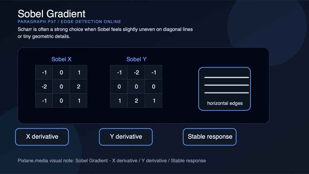 A paragraph-level visual for sobel gradient: x derivative, y derivative, stable response.