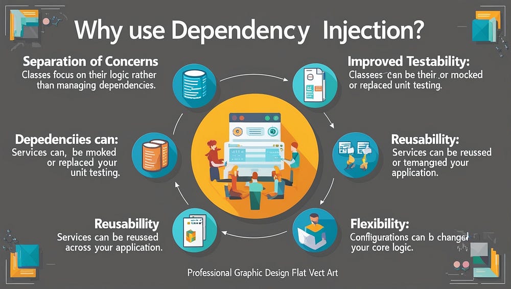 Why Use Dependency Injection? Separation of Concerns: Classes focus on their logic rather than managing dependencies. Improved Testability: Dependencies can be mocked or replaced for unit testing. Reusability: Services can be reused across your application. Flexibility: Configurations can be changed without modifying the core logic.